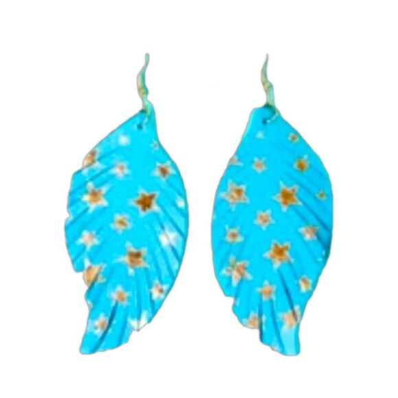Gold Stars Turquoise Blue Leather Feather Earrings 3.5 Inches - Picture 1 of 6